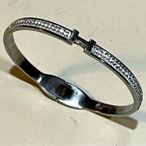 Thin H-Shaped CZ Bangle 316L see inside stamp slip on style hinge to open